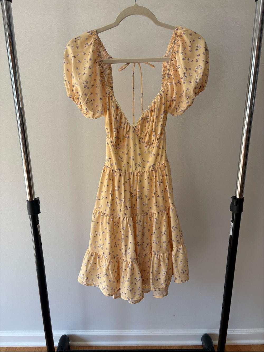 Princess Polly Yellow Floral Puff-Sleeve Tiered Mini Dress